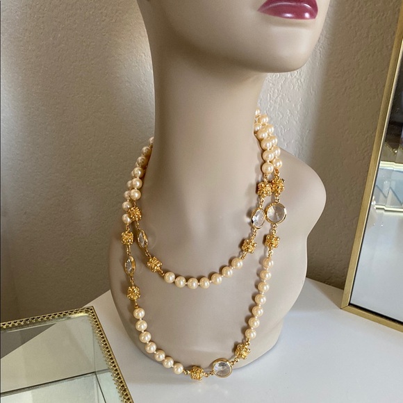 *NWT* Classy Vintage ST. JOHN COLLECTION Gold, Pearl & Faceted Crystal Necklace - Picture 2 of 8
